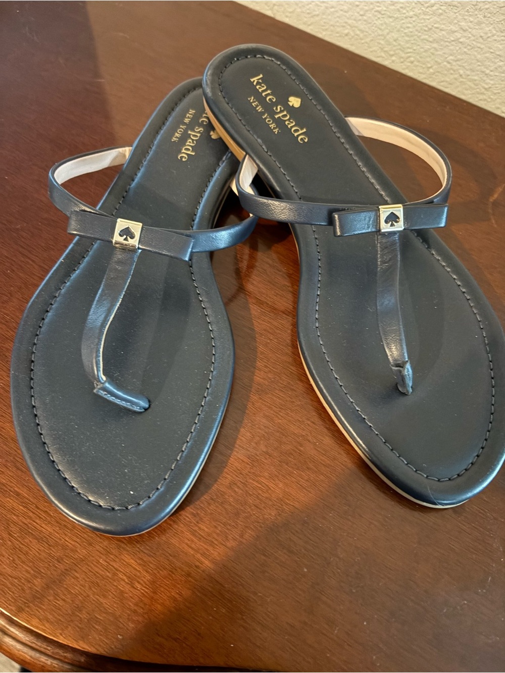 kate spade  Navy T-Strap Logo Bow Sandals